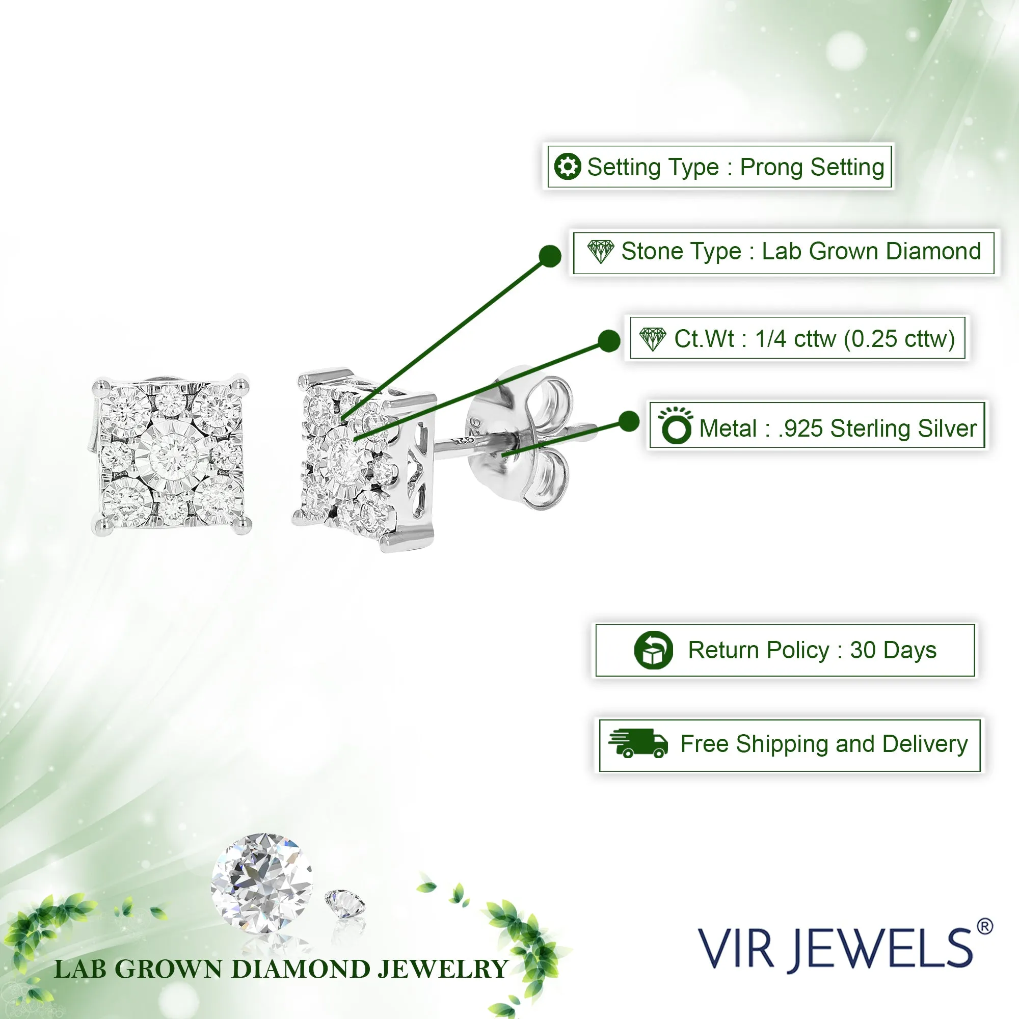 1/4 cttw 18 Stones Round Lab Grown Diamond Studs Earrings .925 Sterling Silver Prong Set Square Shape