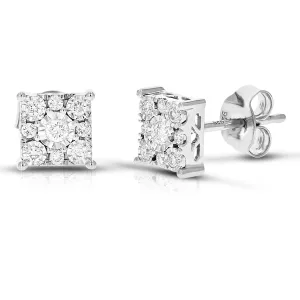 1/4 cttw 18 Stones Round Lab Grown Diamond Studs Earrings .925 Sterling Silver Prong Set Square Shape