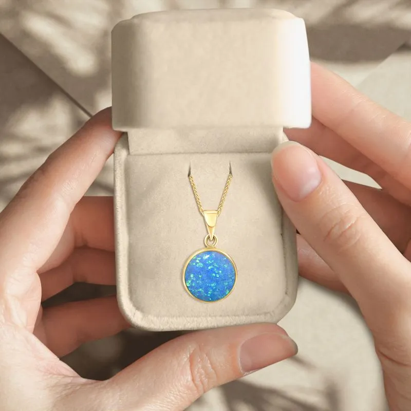 14K Yellow Gold Round Blue Opal 12mm Pendant