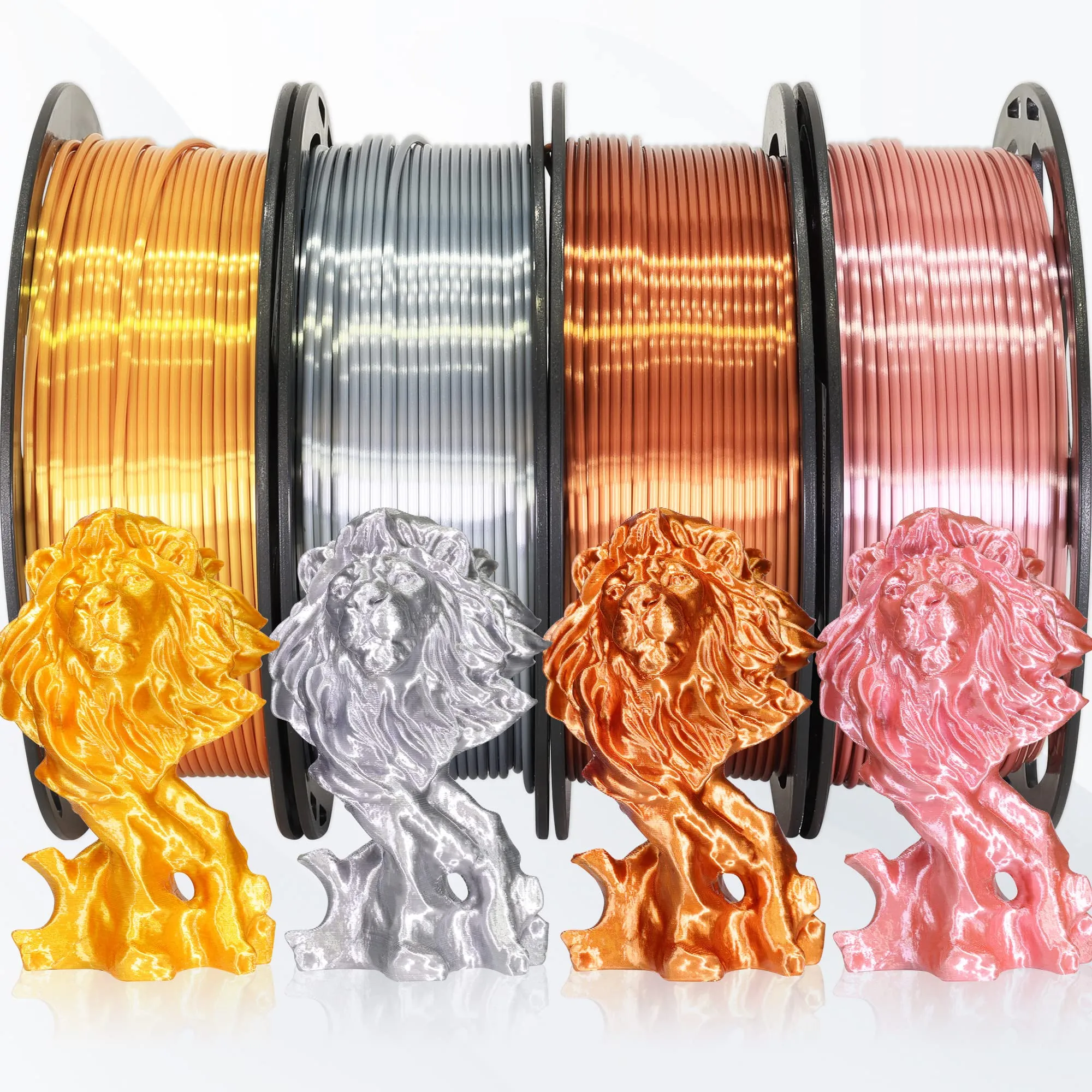 1.75mm 4 Spools Silk PLA 3D Printer Filament Bundle: Shiny Metallic Gold/Silver/Copper/Rose Gold, Each Spool 250g, Widely Fit for 3D Printer/Pen, Total 1Kg 3D Printing Filament Material