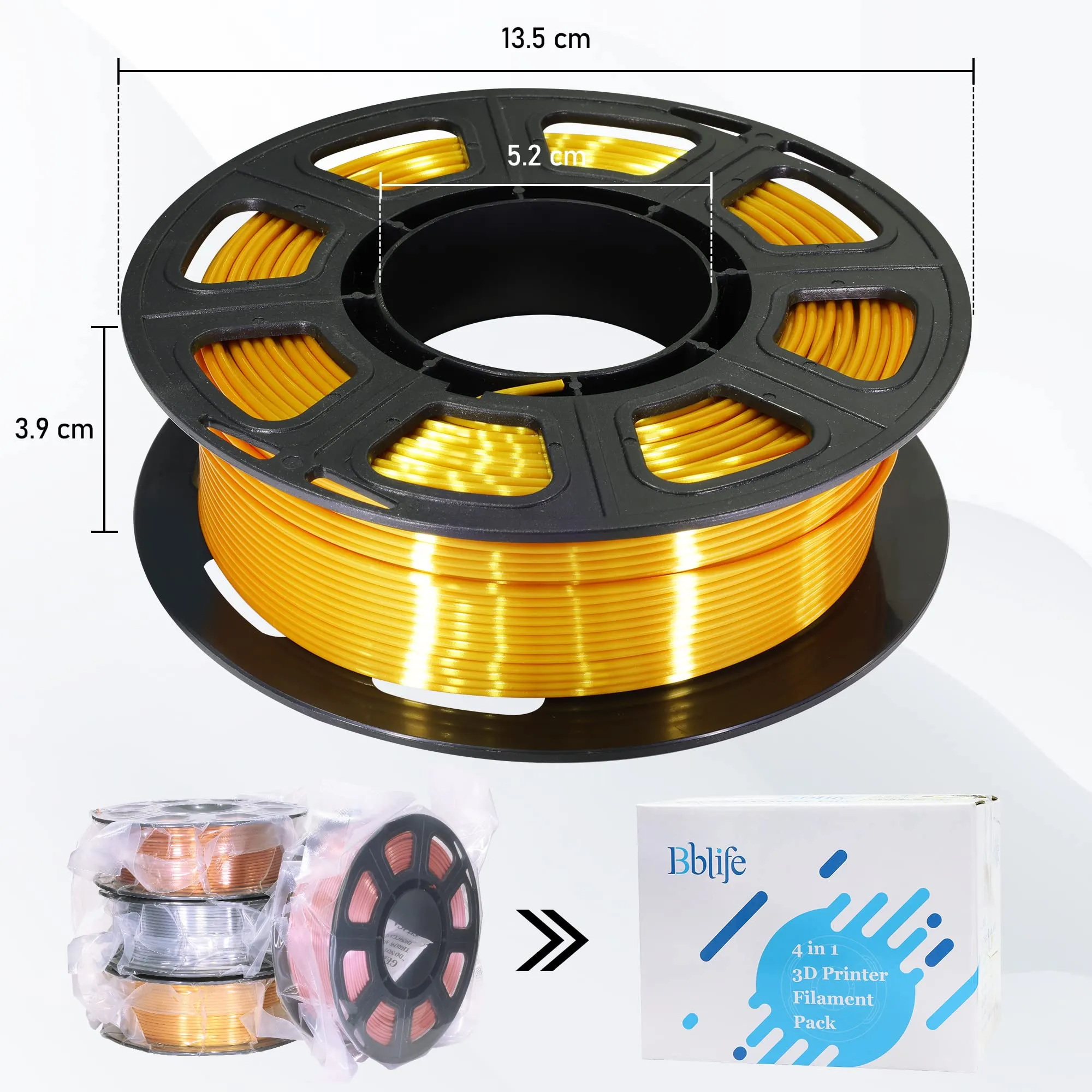 1.75mm 4 Spools Silk PLA 3D Printer Filament Bundle: Shiny Metallic Gold/Silver/Copper/Rose Gold, Each Spool 250g, Widely Fit for 3D Printer/Pen, Total 1Kg 3D Printing Filament Material