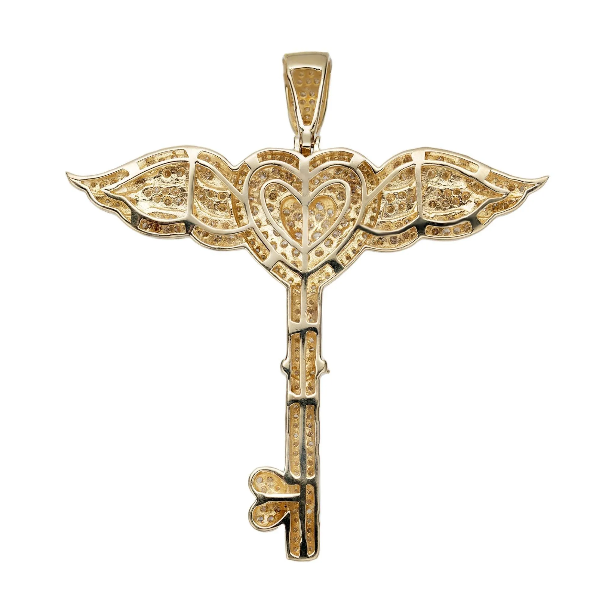 2 1/4" Heart & Angel Wings Key Diamond Pendant 2.60ct 14K Yellow Gold