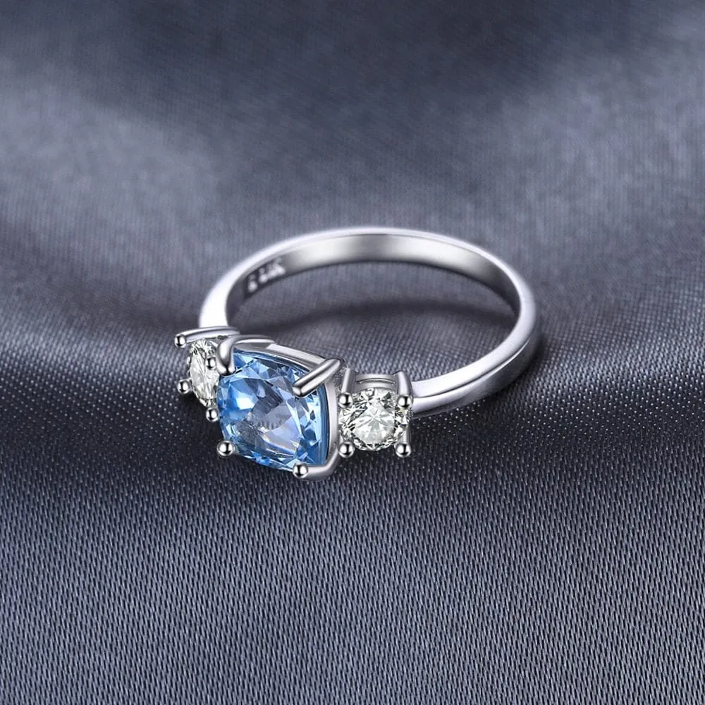 3 Stone Square Natural Sky Blue Topaz Ring - 925 Sterling Silver