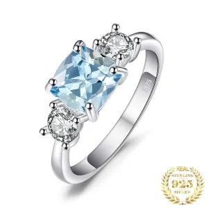 3 Stone Square Natural Sky Blue Topaz Ring - 925 Sterling Silver