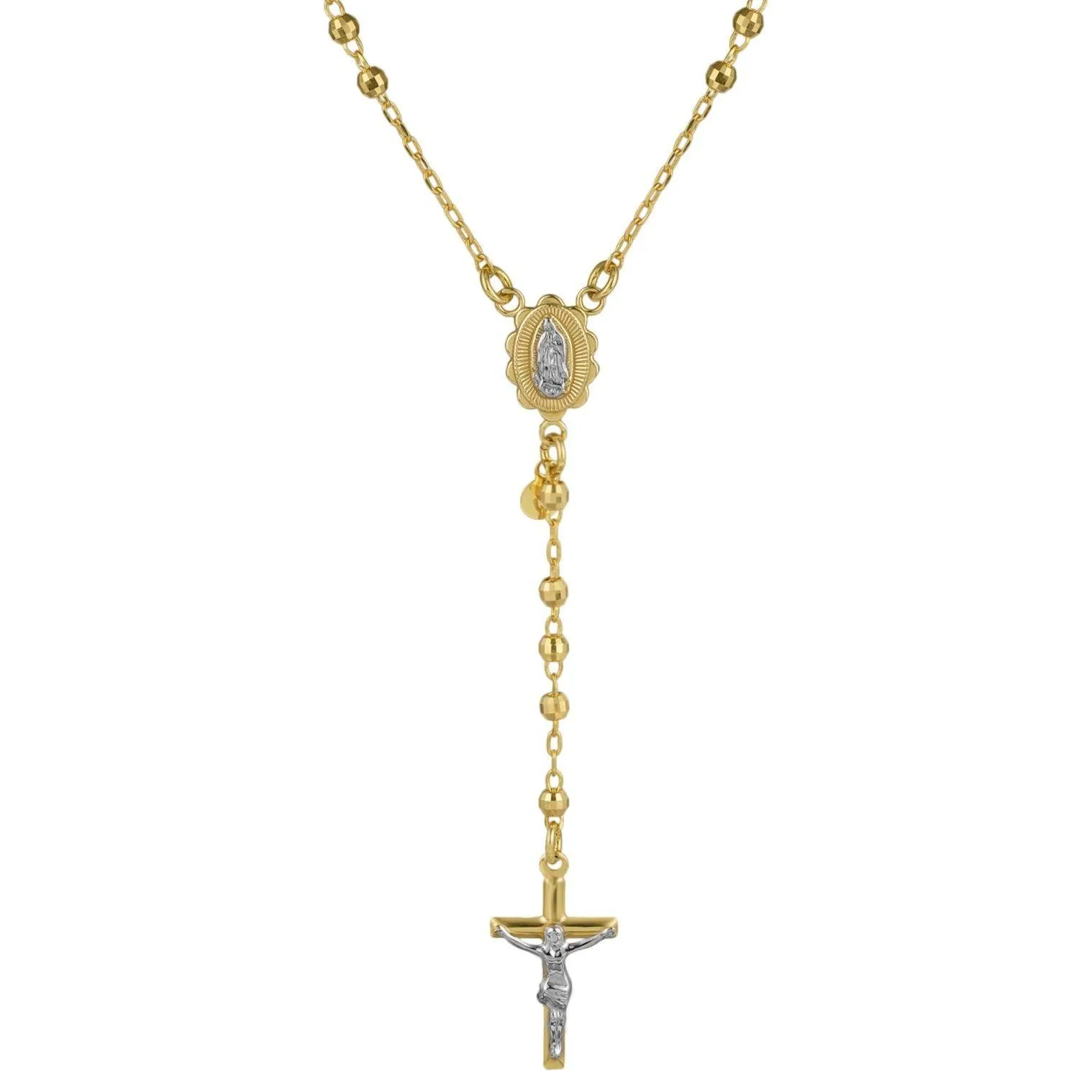 3mm Diamond-Cut Cross Rosary Crucifix Chain Necklace 10K Yellow Gold