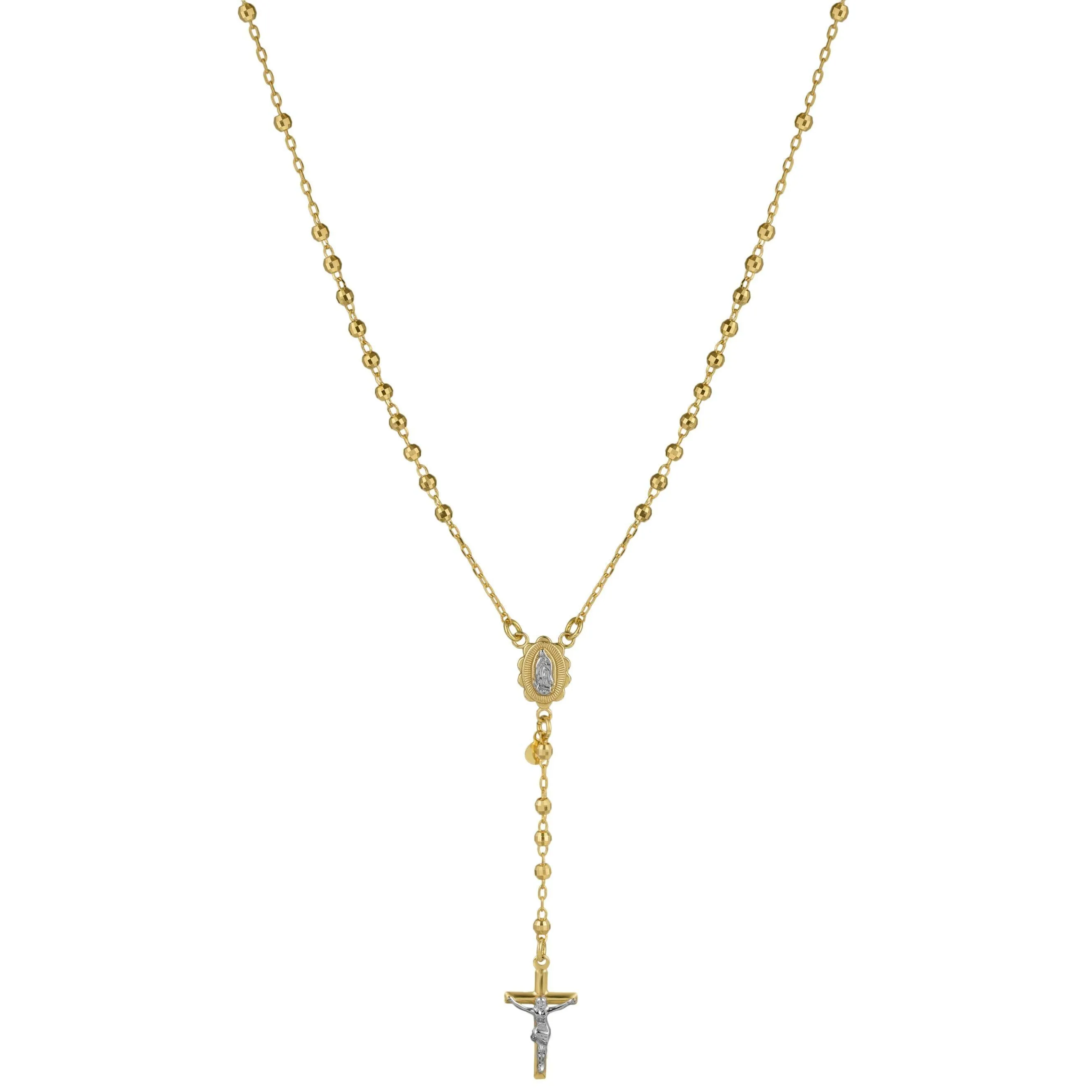 3mm Diamond-Cut Cross Rosary Crucifix Chain Necklace 10K Yellow Gold