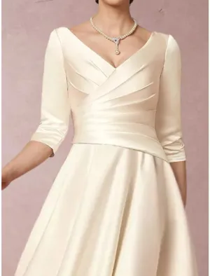 A-Line Mother of the Bride Dress Simple Elegant V Neck Tea Length Satin Half Sleeve with Pleats Ruched