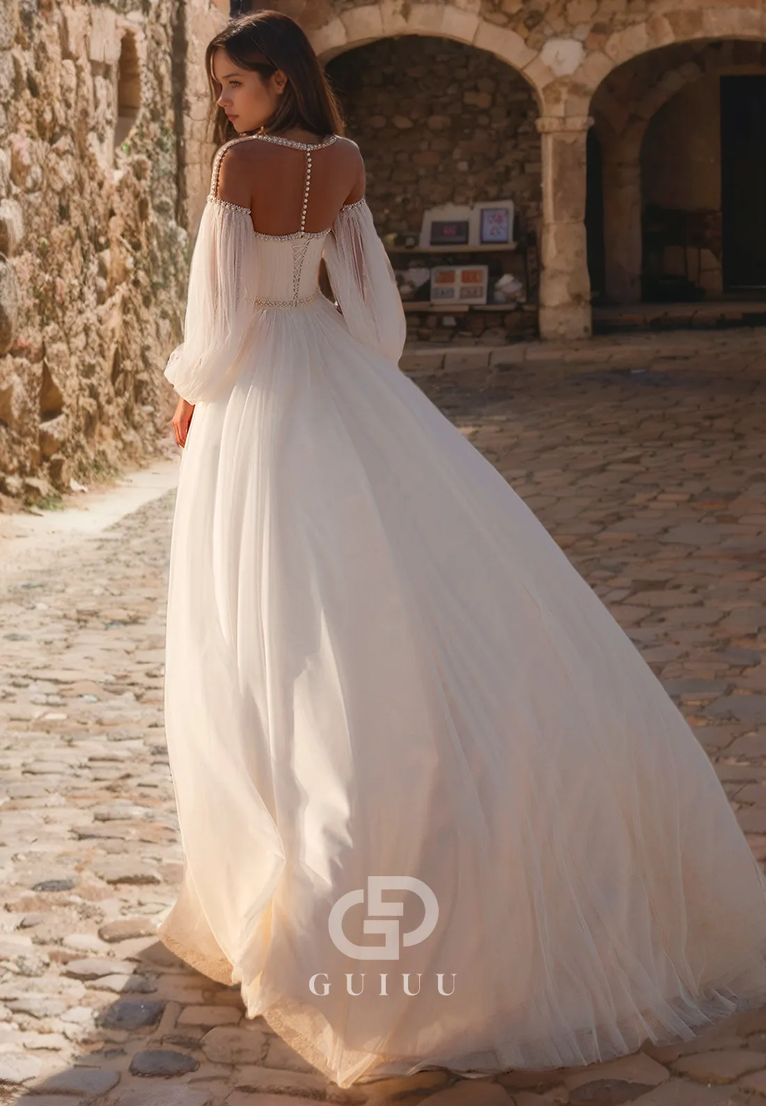 A-Line Scoop Neck Long Sleeveless Chiffon Long Boho Wedding Dress