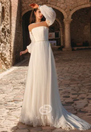 A-Line Scoop Neck Long Sleeveless Chiffon Long Boho Wedding Dress