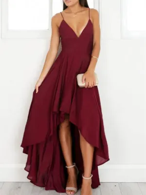 A-line Spaghetti Strap High-Low Chiffon Simple Burgundy Prom Dresses ASD26744