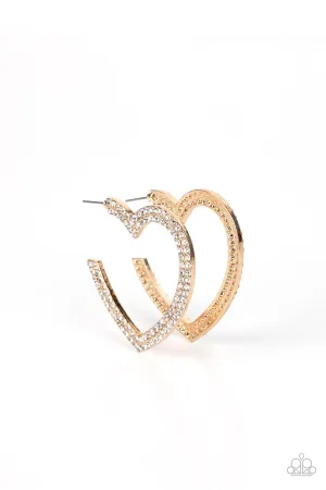 AMORE to Love Gold and White Rhinestone Heart Earrings - Paparazzi Accessories