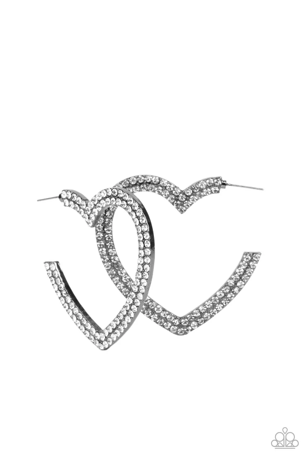 AMORE to Love Gunmetal Black and White Rhinestone Heart Hoop Earrings - Paparazzi Accessories