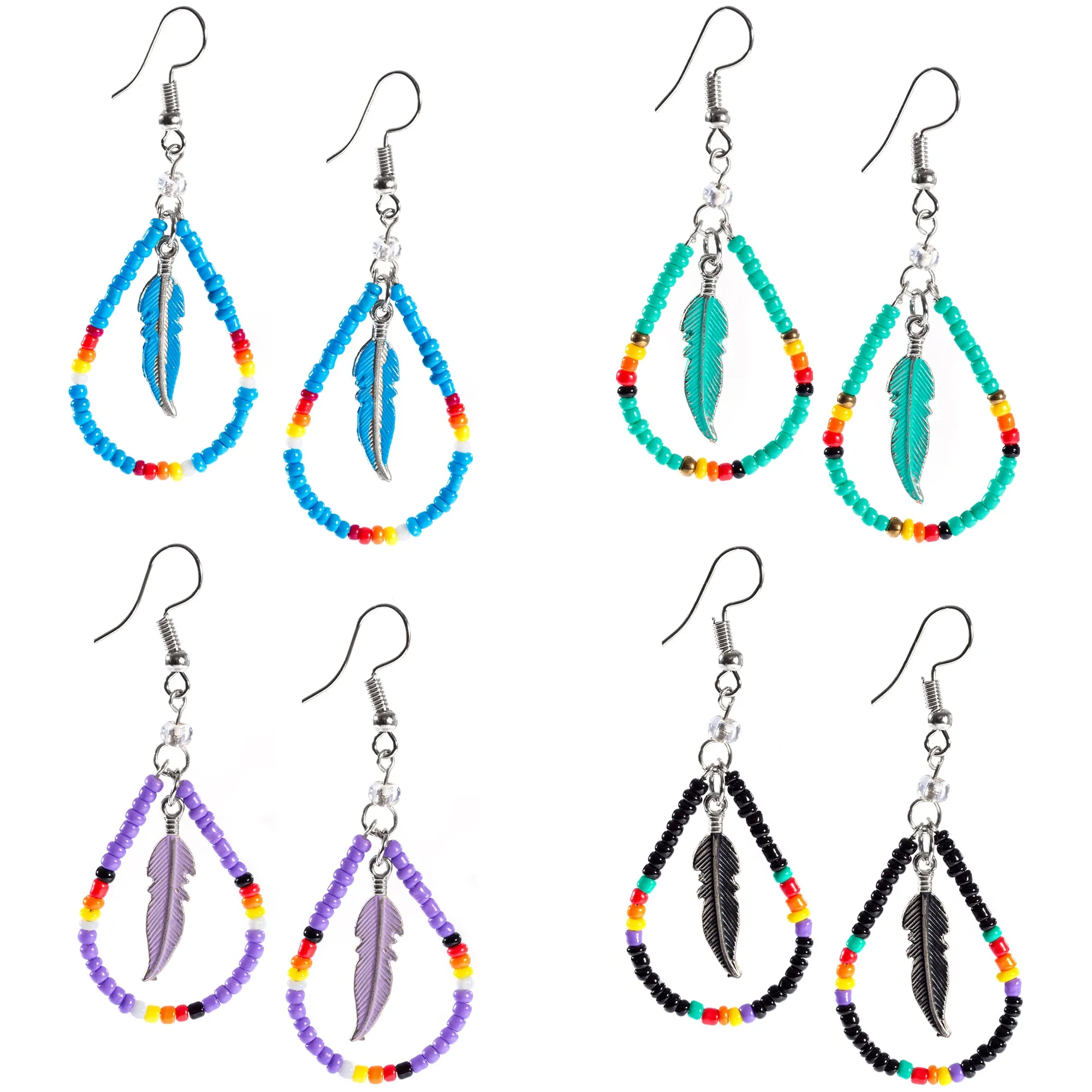 Beaded Feather Teardrop Earrings