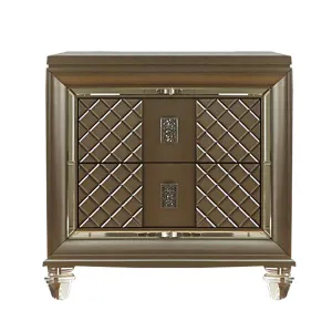 Benzara 2 Drawer Wooden Nightstand with Embossed Diamond Pattern, Champagne Gold