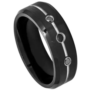 Black IP Ring with Three 0.07ct & Black Diamond on Grooved Center with High Polish Beveled Edge - 8mm