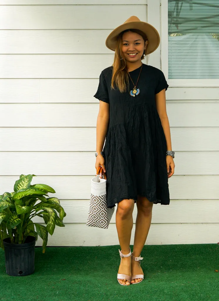 Black Raw Natural Crinkled Cotton Midi Dress with Pocket