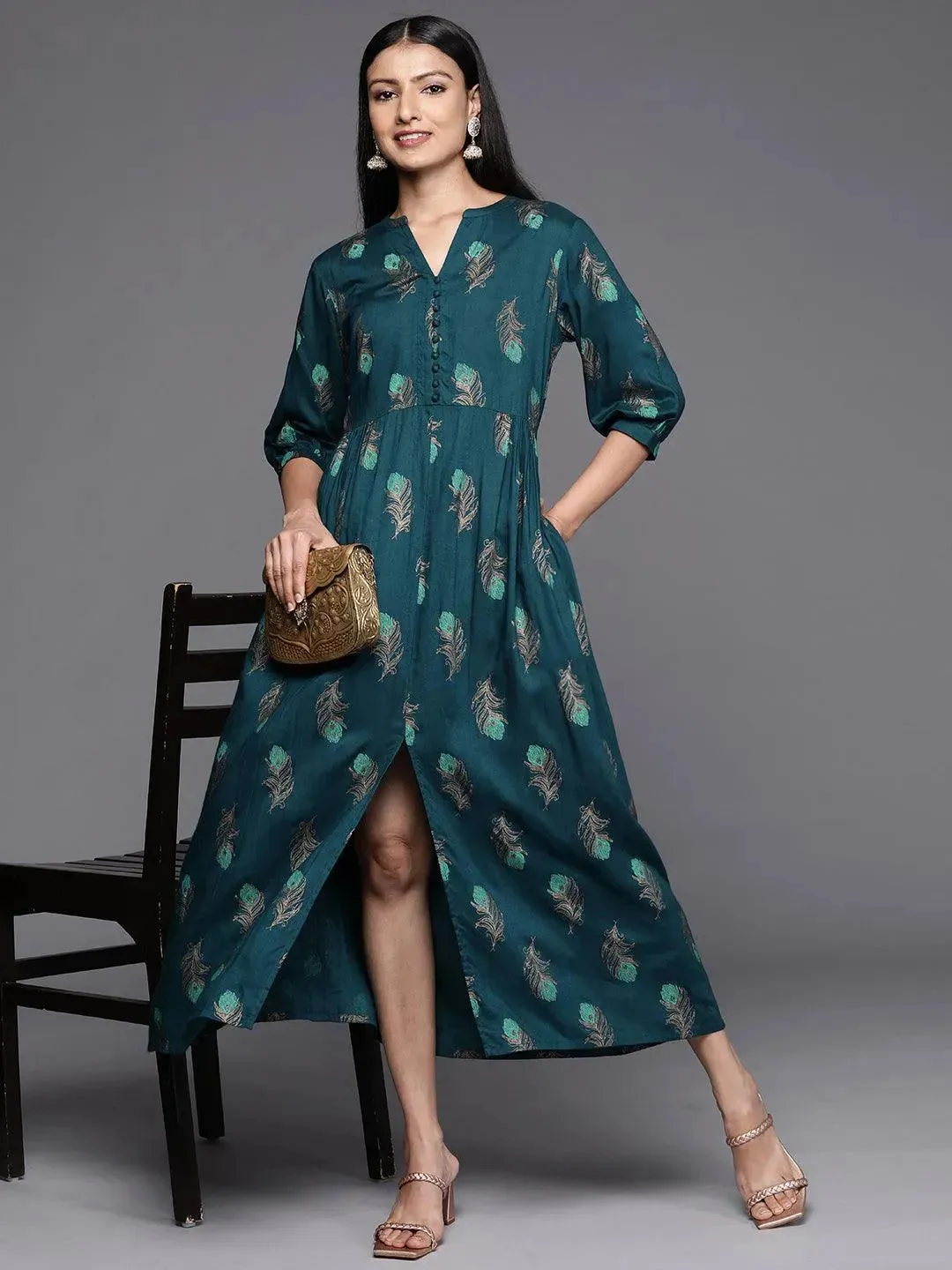 Blue Printed Rayon Fit and Flared Dress