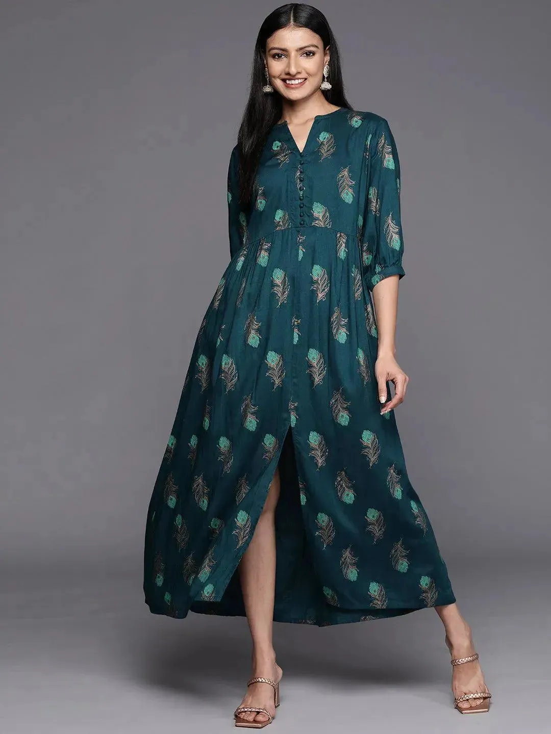 Blue Printed Rayon Fit and Flared Dress