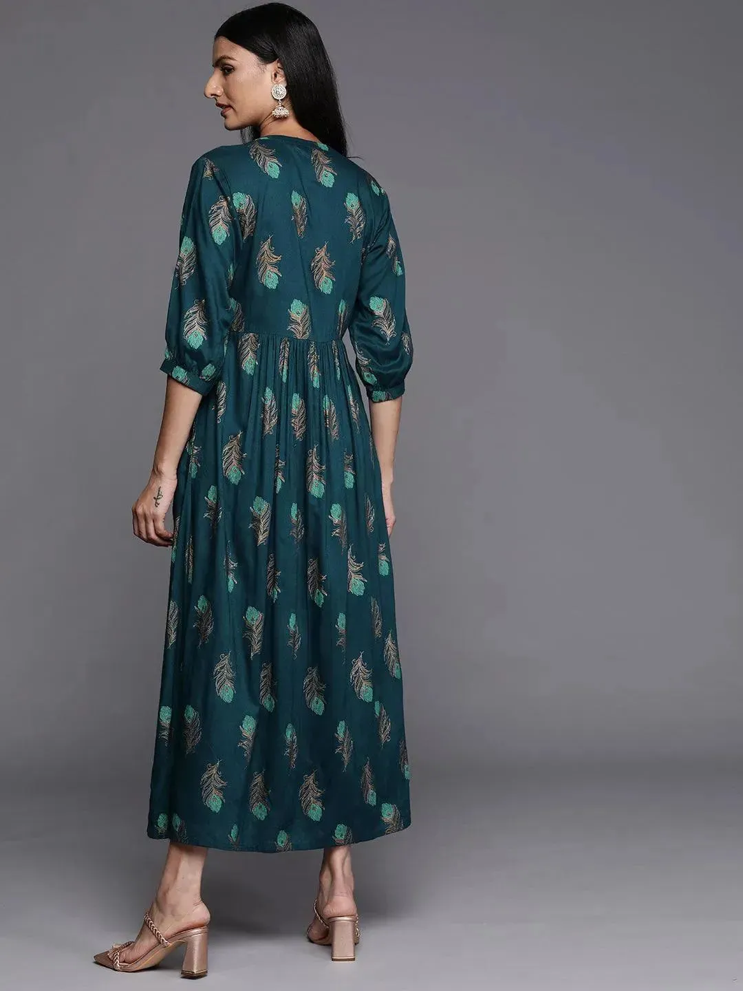 Blue Printed Rayon Fit and Flared Dress