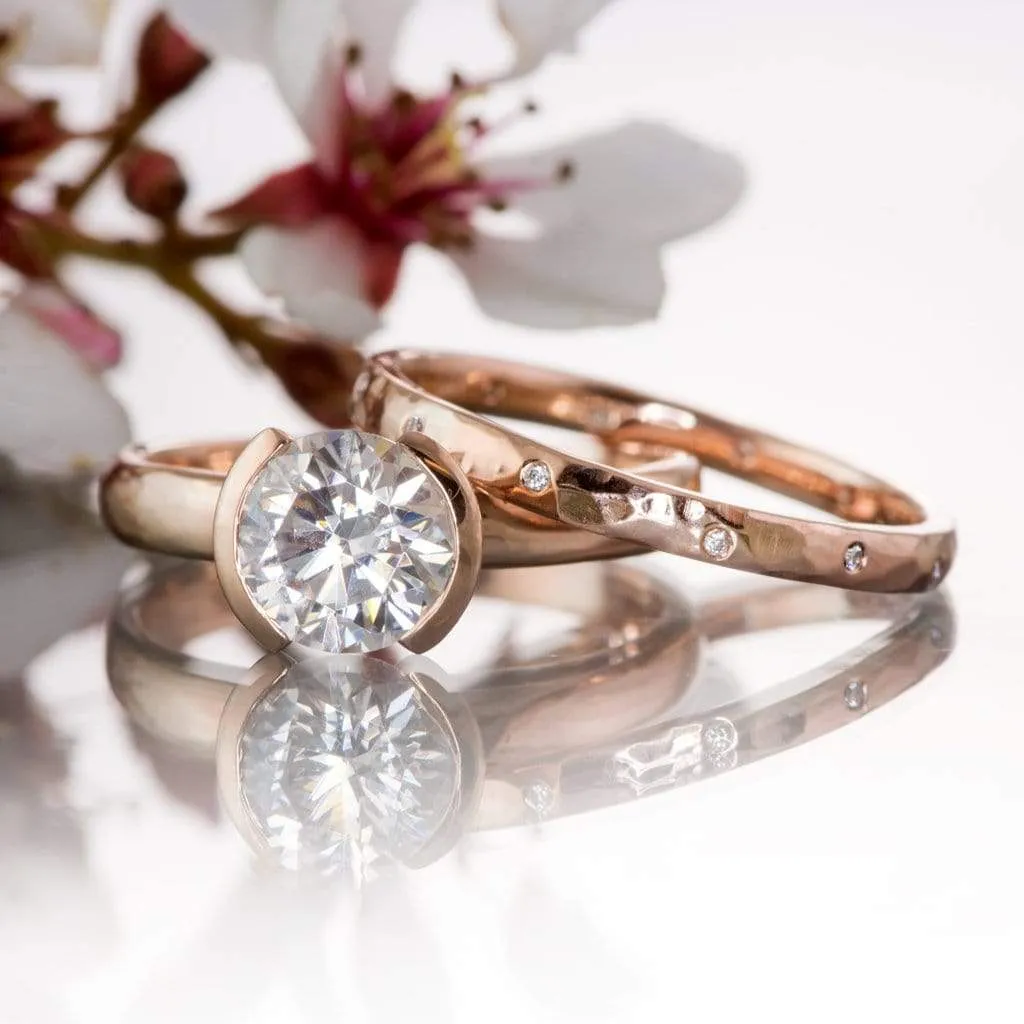 Bridal set Round Moissanite Modified Tension Engagement Ring & Hammered Diamond Eternity Wedding Band