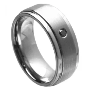 Brushed Finish Center Shiny Stepped Edge with 0.07ct Black Diamond Center Stone - 9mm