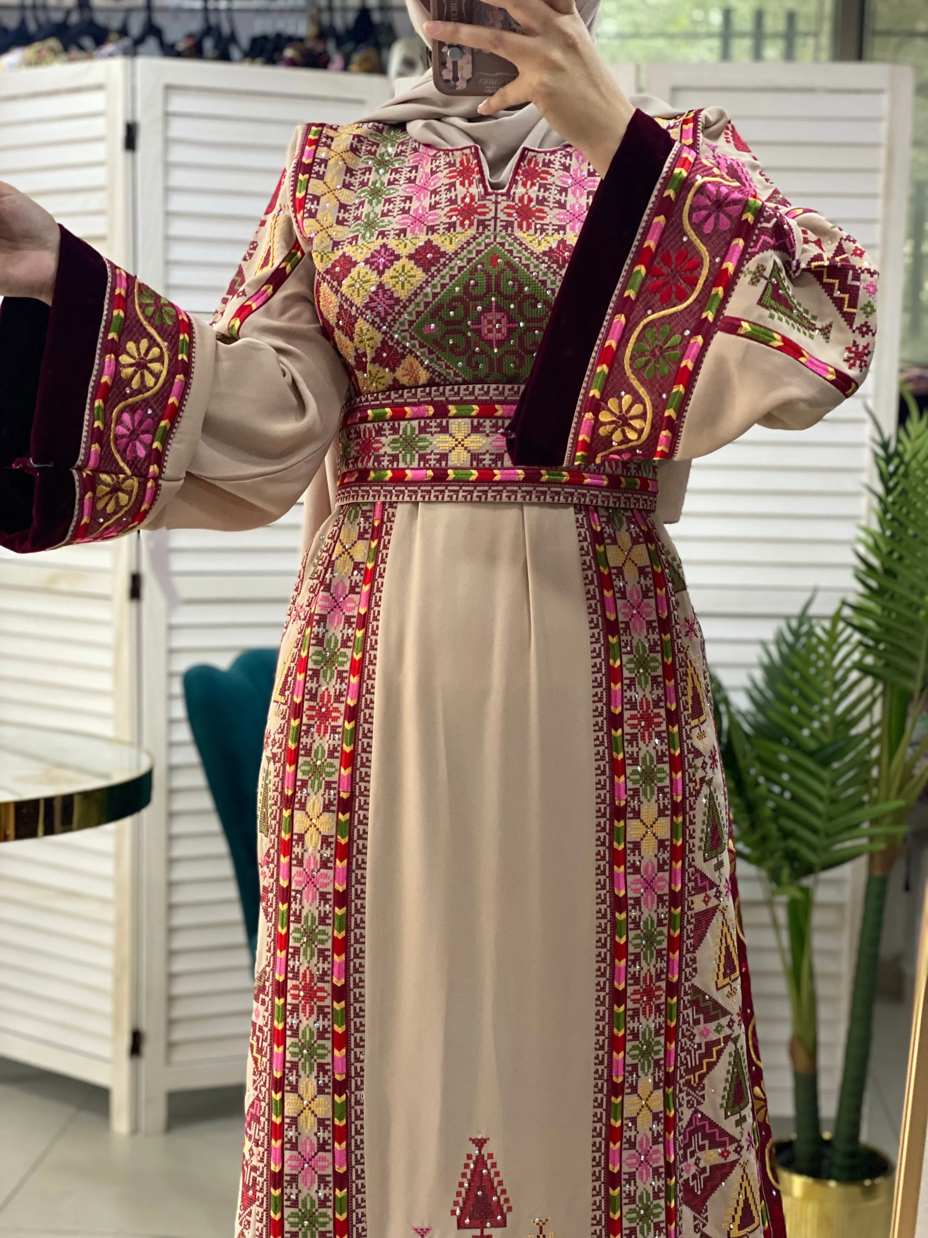 Charming Palestinian Embroidered Beige And Red Thobe Dress Palestinian Embroidery