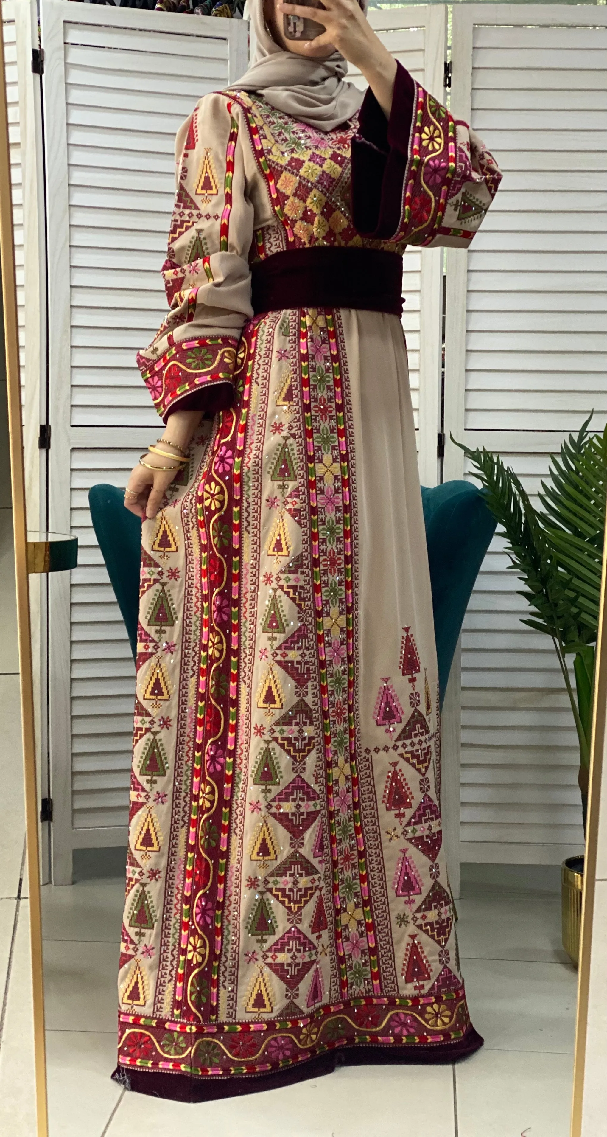 Charming Palestinian Embroidered Beige And Red Thobe Dress Palestinian Embroidery