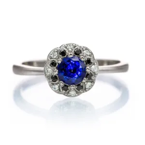 Chatham Blue Sapphire, Black & White Diamond Halo Palladium Engagement Ring, size 4 to 9