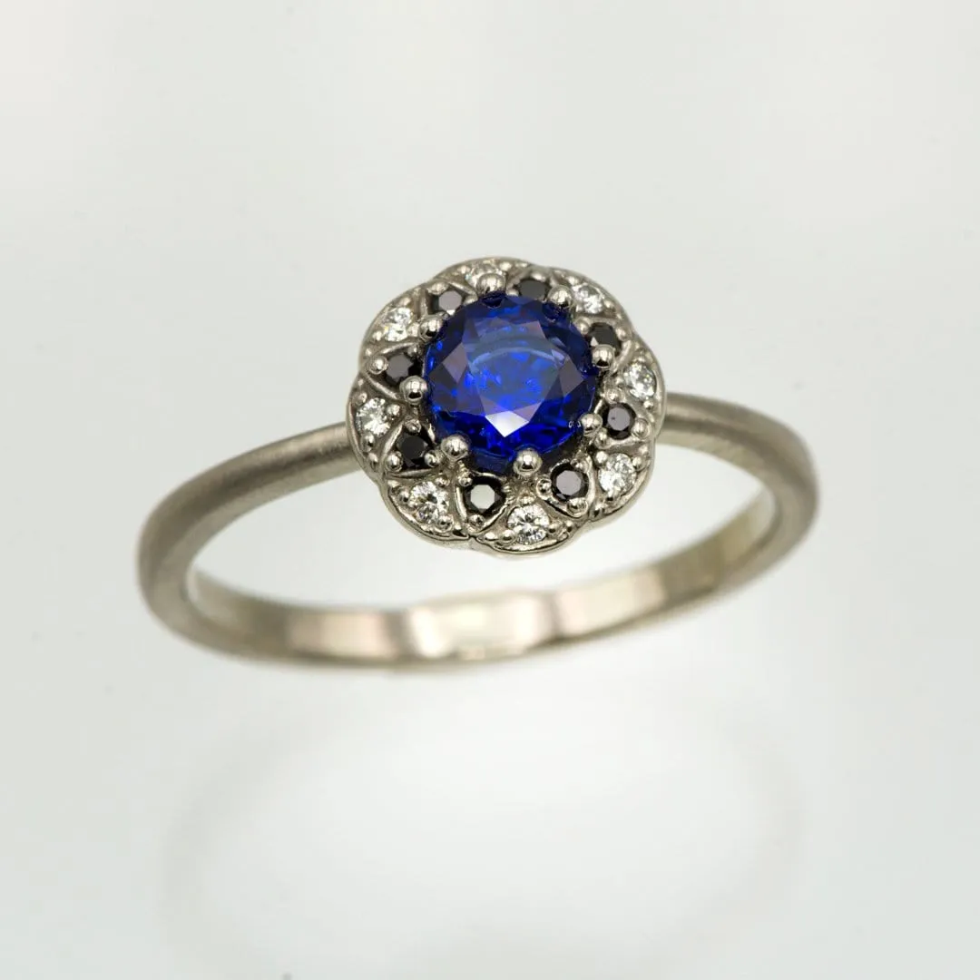 Chatham Blue Sapphire, Black & White Diamond Halo Palladium Engagement Ring, size 4 to 9