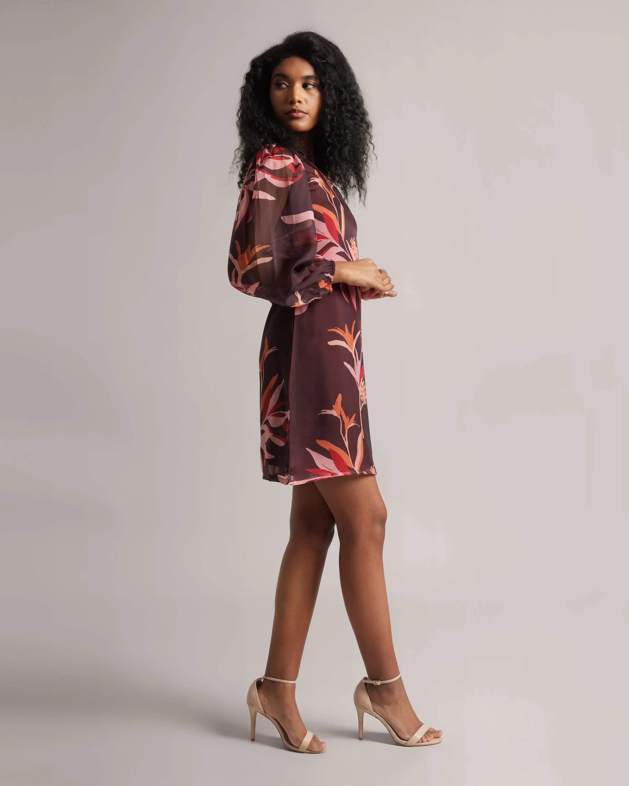 Chestnut Maroon One Shoulder Floral A-Line Dress