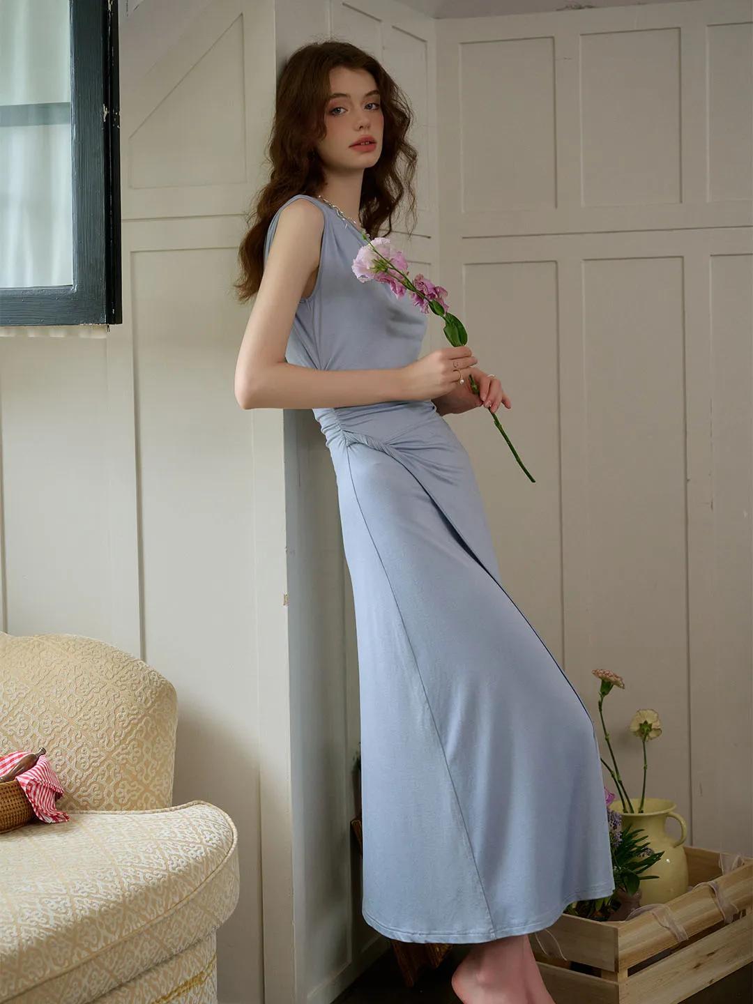 Cielo Elegant Ruched Off-Shoulder Light Blue Long Dress