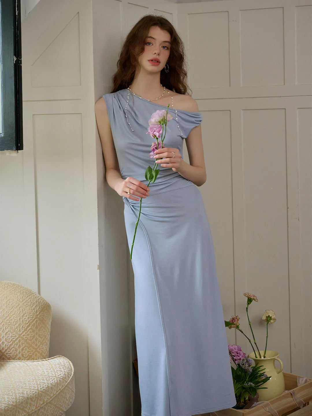 Cielo Elegant Ruched Off-Shoulder Light Blue Long Dress