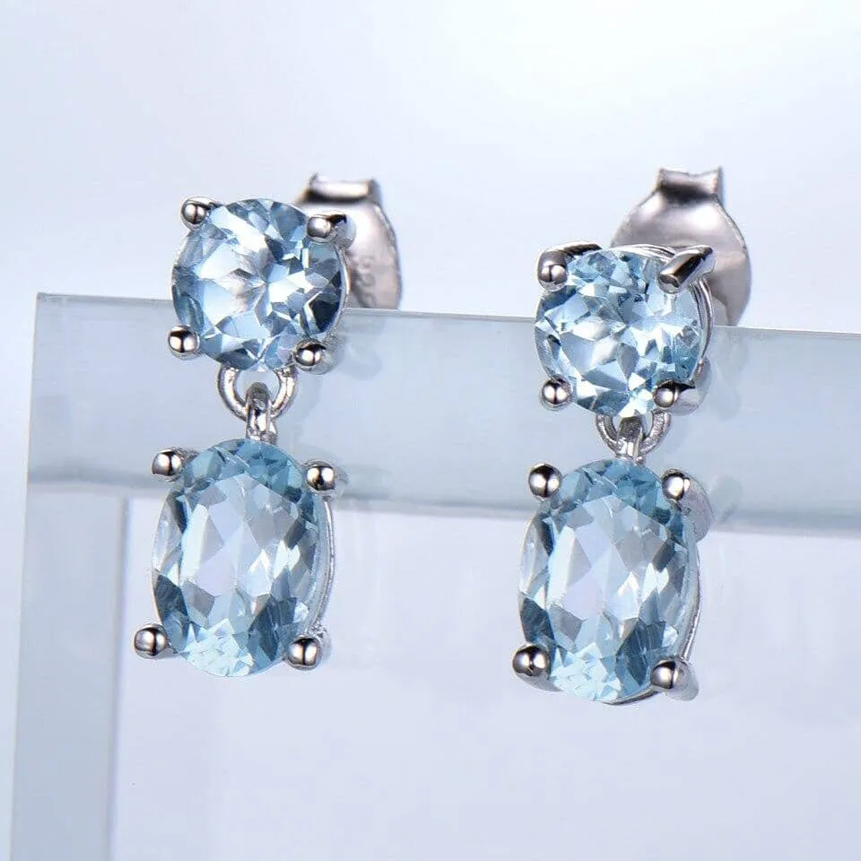 Double Created Nano Sky Blue Topaz Gemstone Earrings - 925 Sterling Silver