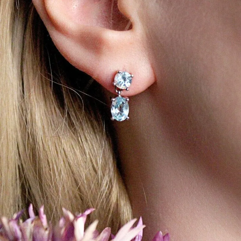 Double Created Nano Sky Blue Topaz Gemstone Earrings - 925 Sterling Silver