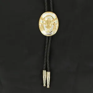 DOUBLE S COW SKULL FEATHER BOLO TIE