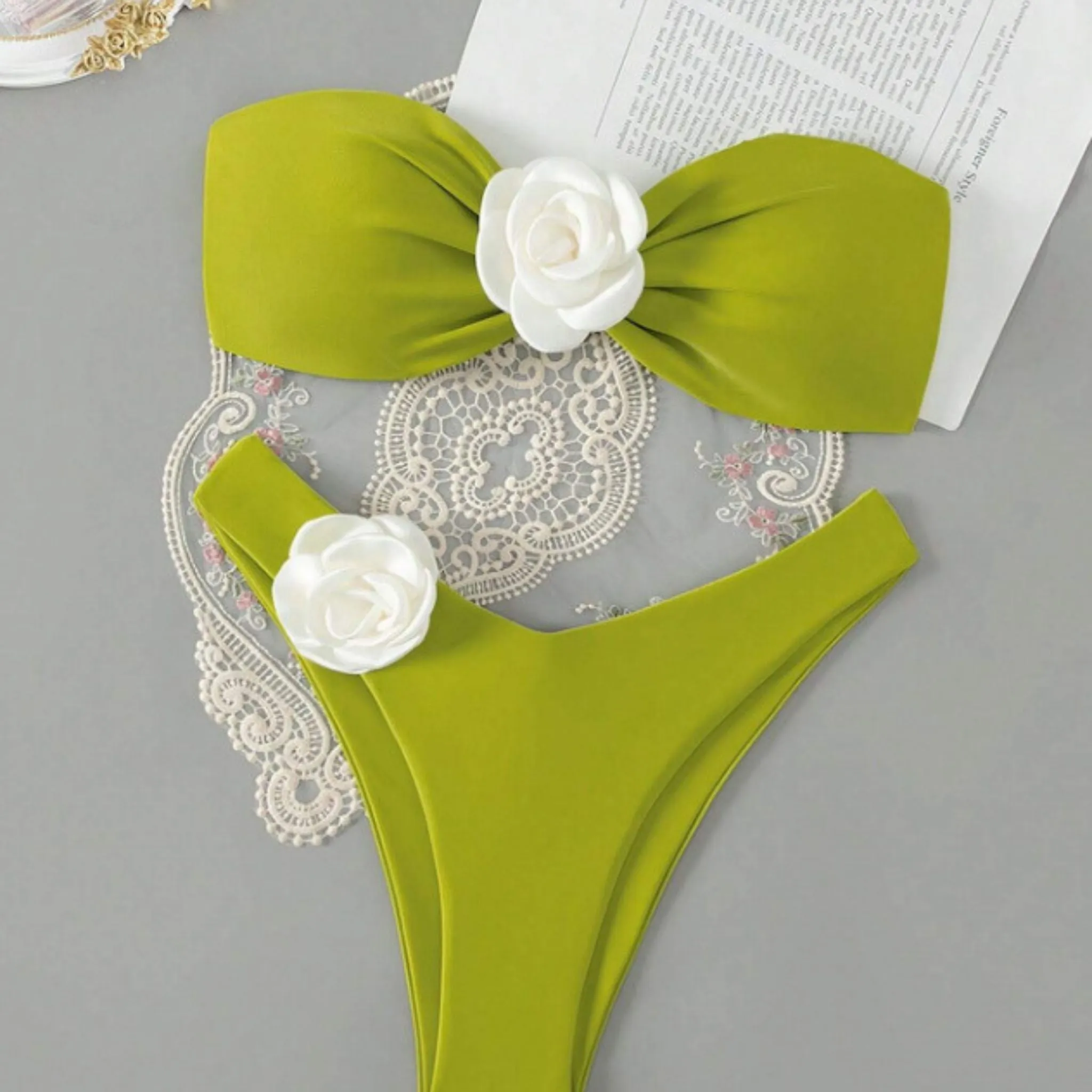 Eco Chic Olive-Green Bandeau 3D Flower Bikini Set