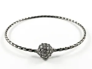 Elegant Textured Thin Shiny Metallic Band With Center Micro Setting Crystal Ball Black Rhodium Tone Fashion Bangle