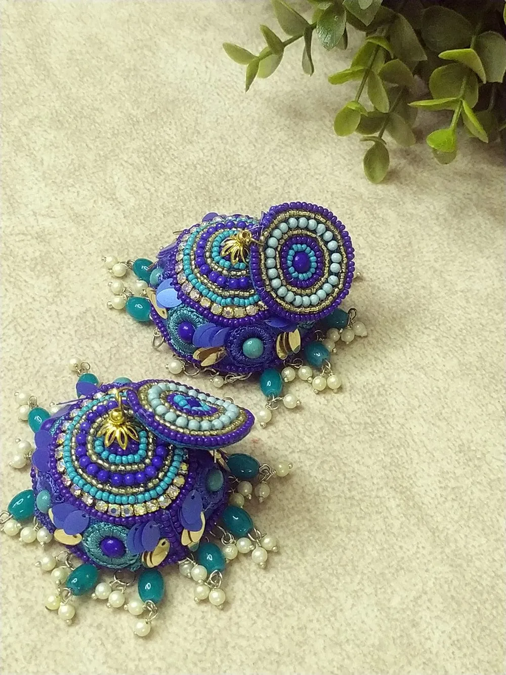 Extra-Large Handcrafted Jhumkas with Vibrant Colors and Pearl