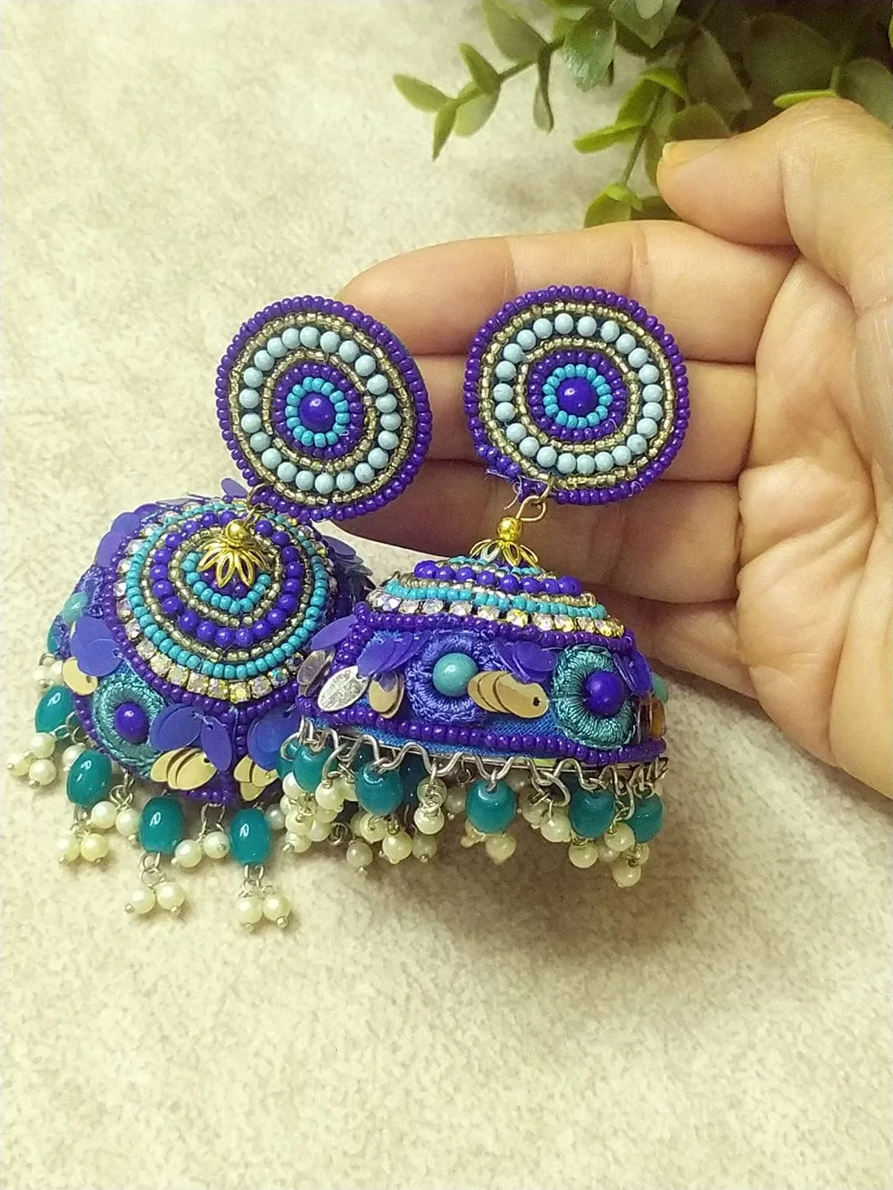 Extra-Large Handcrafted Jhumkas with Vibrant Colors and Pearl