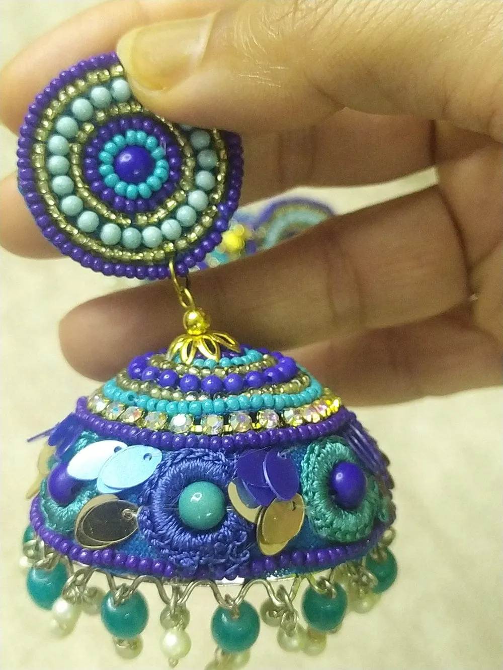 Extra-Large Handcrafted Jhumkas with Vibrant Colors and Pearl