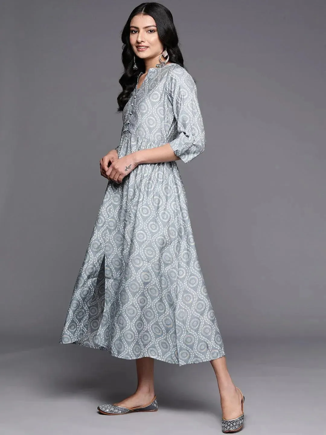 Grey Printed Silk Fit and Flare Dress