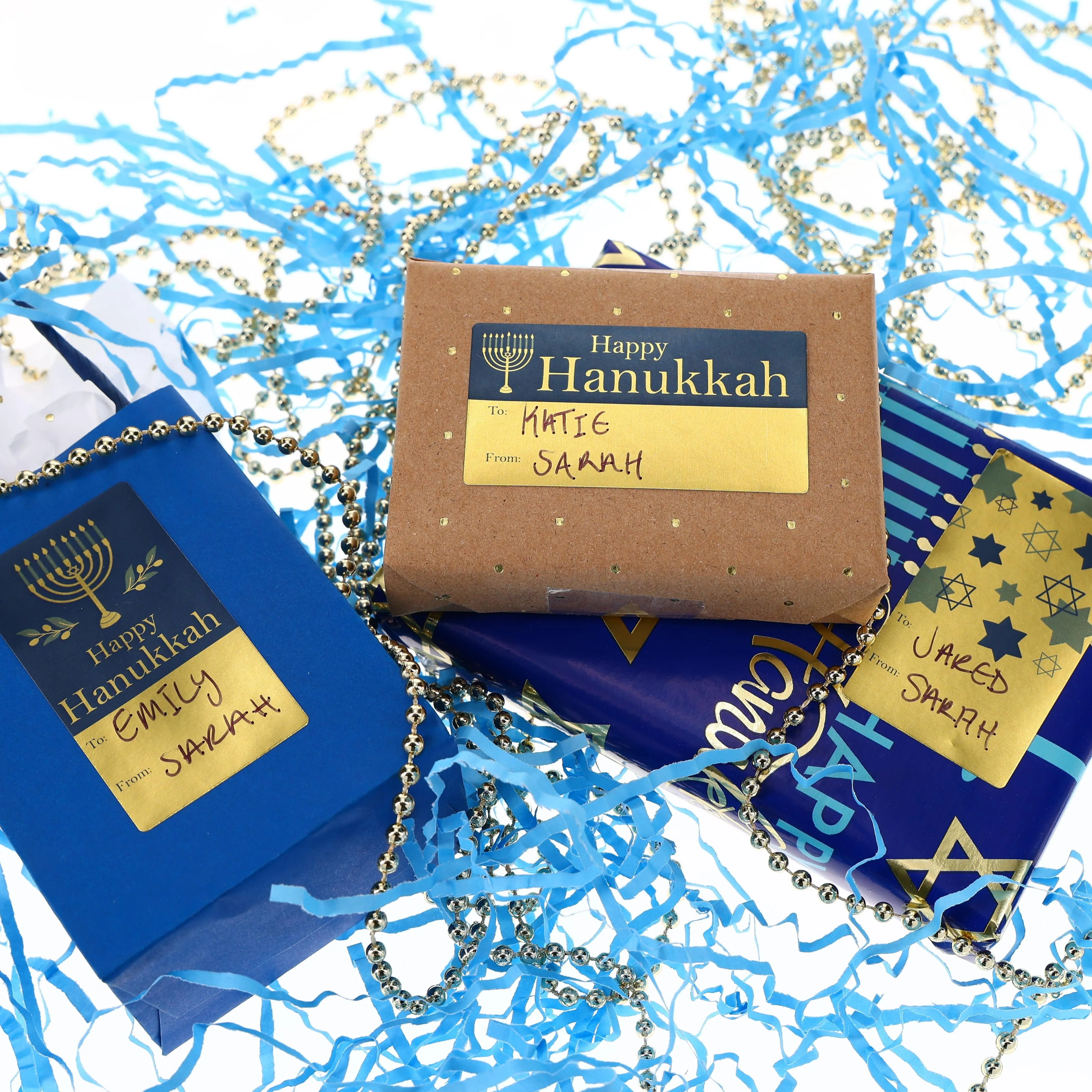 Hanukkah Gift Tag Stickers: Blue & Gold - 75 Stickers