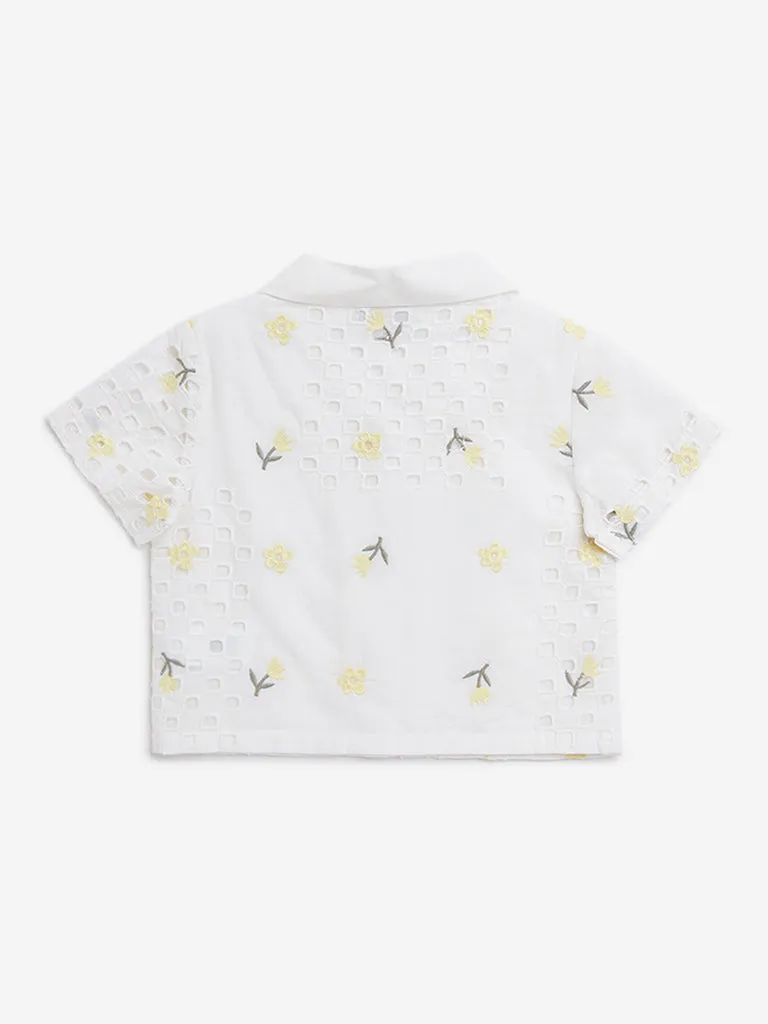 HOP Kids Off-White Floral Embroidered Cut-Out Cotton Shirt