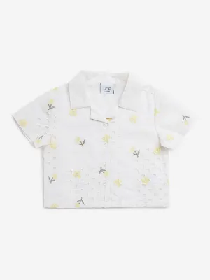 HOP Kids Off-White Floral Embroidered Cut-Out Cotton Shirt