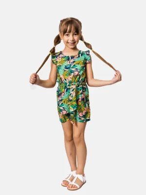 Junior Girl Stephanie French Collection Printed Short Sleeves Summer Romper with Waistband and Ruffles - Green