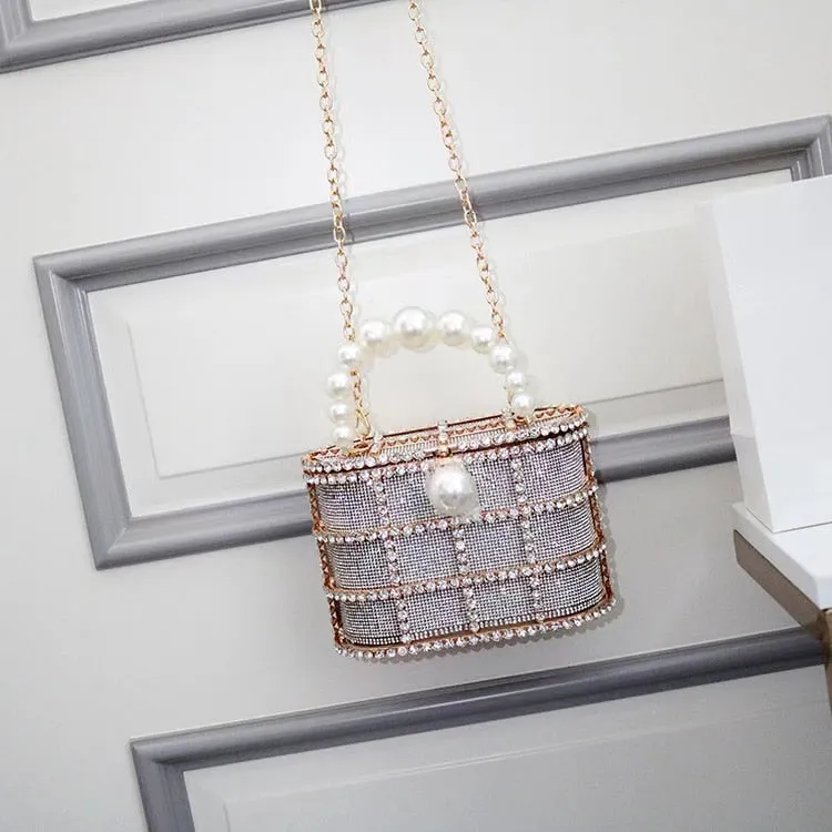 Luxury Designer Hollow Out Gold Metal Cage Crystal Shiny Rhinestone Diamond Evening Bag Wedding Party Clutch Purse Messenger Bag