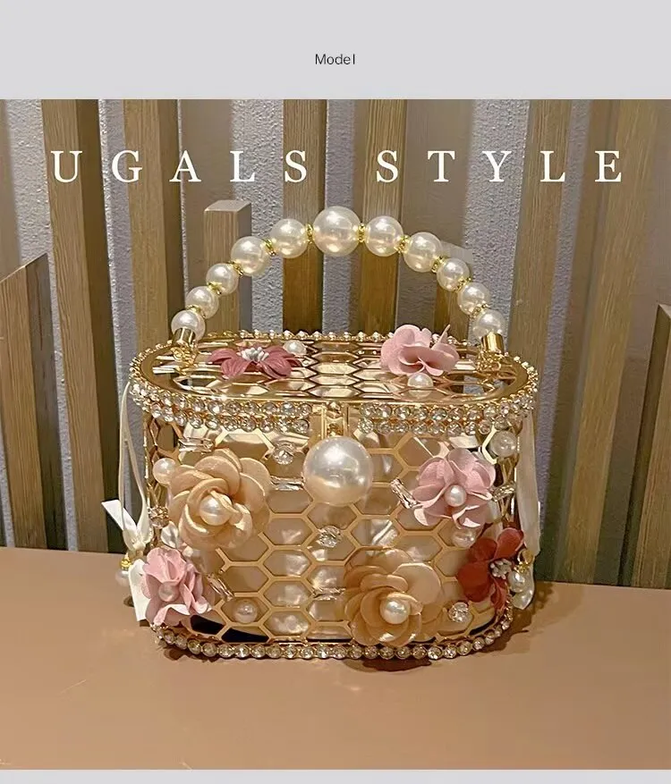 Luxury Designer Hollow Out Gold Metal Cage Crystal Shiny Rhinestone Diamond Evening Bag Wedding Party Clutch Purse Messenger Bag