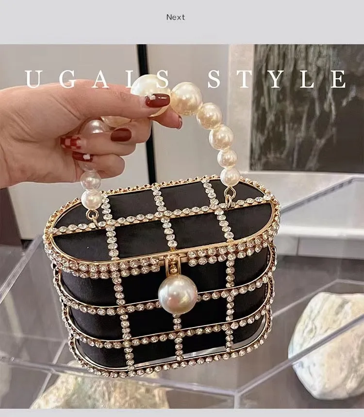 Luxury Designer Hollow Out Gold Metal Cage Crystal Shiny Rhinestone Diamond Evening Bag Wedding Party Clutch Purse Messenger Bag