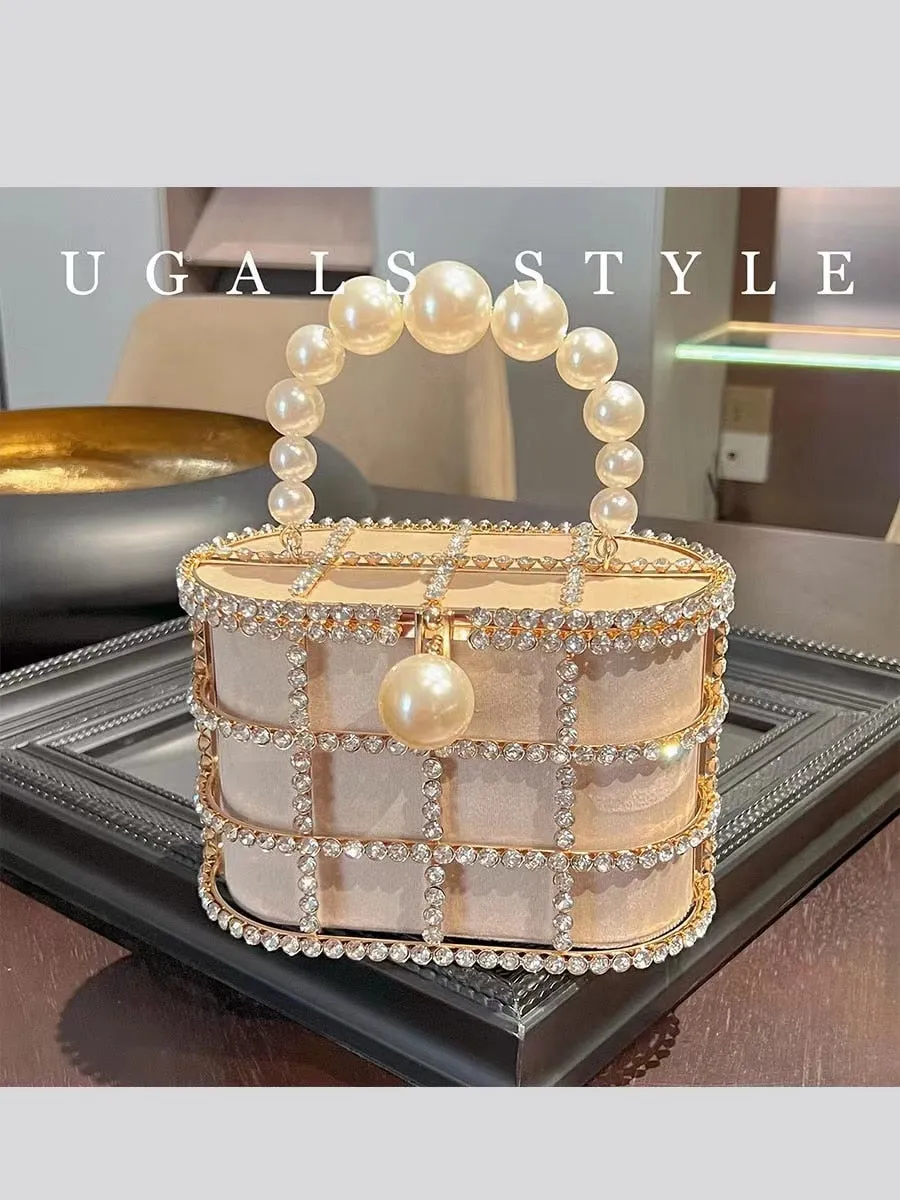 Luxury Designer Hollow Out Gold Metal Cage Crystal Shiny Rhinestone Diamond Evening Bag Wedding Party Clutch Purse Messenger Bag