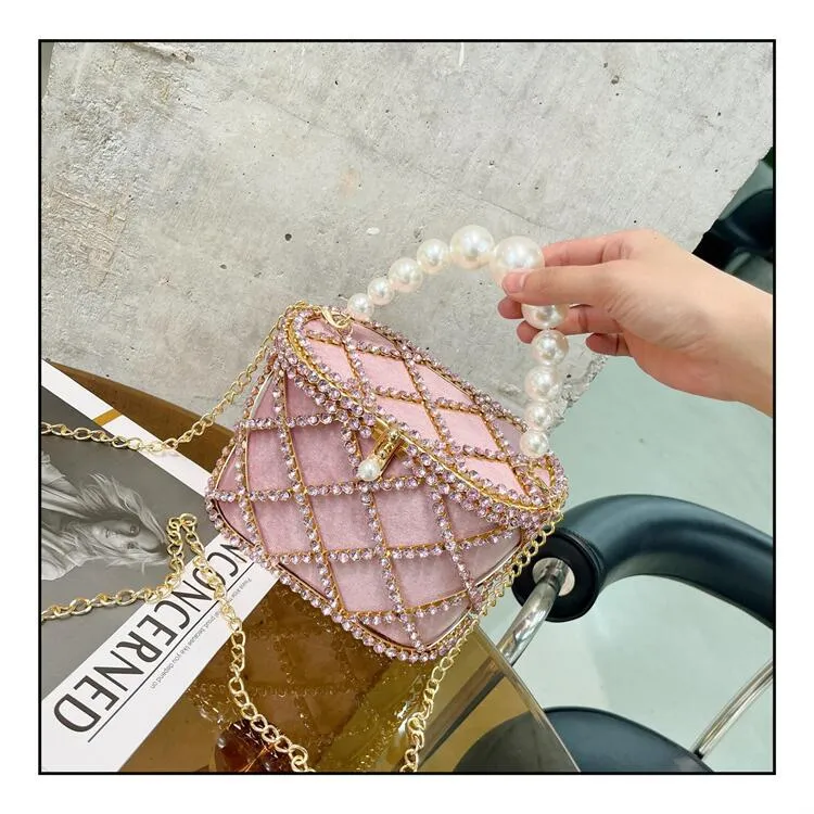 Luxury Designer Hollow Out Gold Metal Cage Crystal Shiny Rhinestone Diamond Evening Bag Wedding Party Clutch Purse Messenger Bag